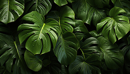 Fresh green leaves in a tropical rainforest, vibrant with life generated by AI