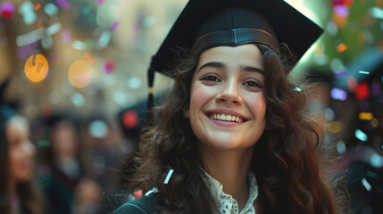 Graduation happy student celebrating graduation, featuring a beaming graduate in cap and gown, academic success, university, pride and joy of academic achievement and graduation degree completed