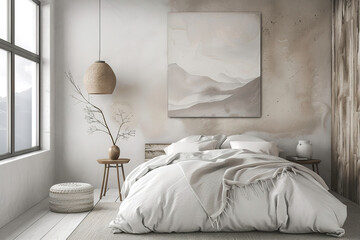 modern bedroom with king size bed in white tone on white background