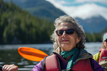 A mature woman enjoys the experience of rafting
