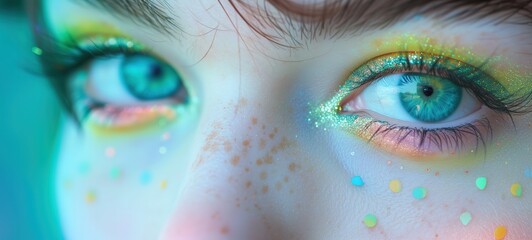 closeup woman eye wearing iridescent gradient glow metallic green make up , Generative Ai