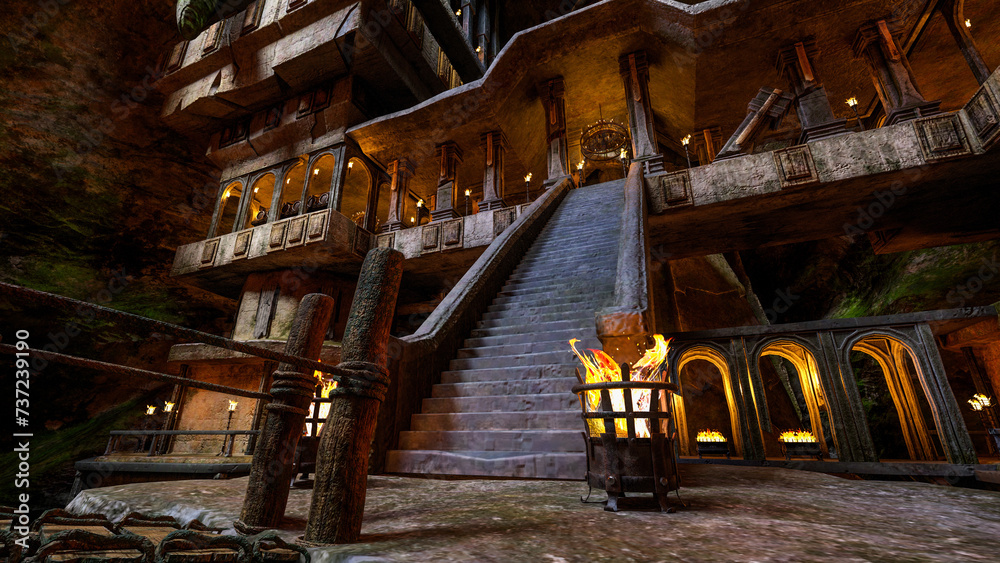 Aufkleber stone steps leading to an upper level in a fantasy underground dwarf castle home of the king of the 