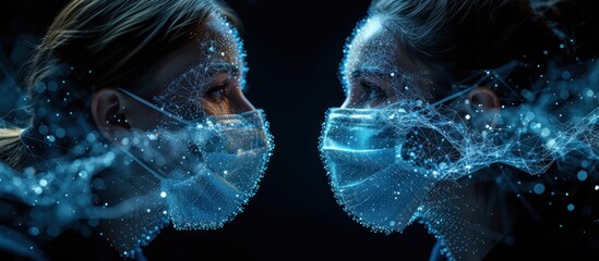 Man and woman in surgical masks looking look at each other on world - obrazy, fototapety, plakaty