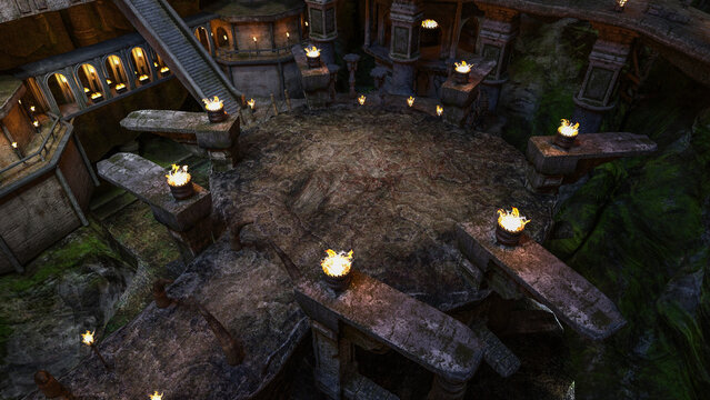 View from high in an enormous fantasy underground home of the dwarfs built into cave in the mountains. 3D render.