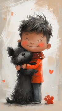 A drawing of a boy hugging a dog