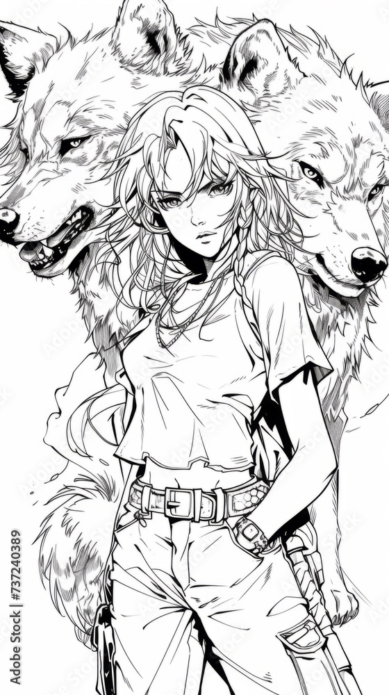 Poster A drawing of a woman and two wolfs