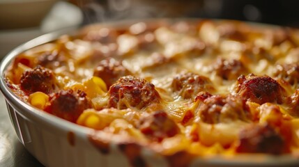 A casserole dish filled with meat and cheese