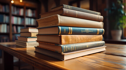 Fototapeta premium Stack of books on minimalist background, perfect for educational or literary themes