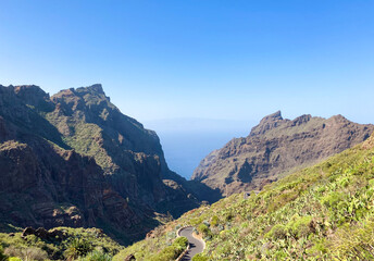 Fototapeta na wymiar Beautiful scenery around the road to Masca village on Tenerife. Green tropic mountains with palms.