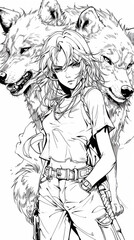 A drawing of a woman and two wolfs