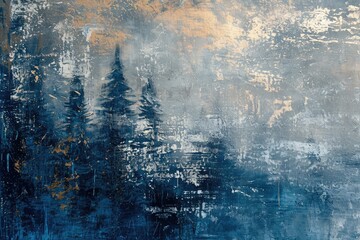 An abstract painting featuring trees depicted in shades of blue and gold, An abstract interpretation of a winter evening, using silvers and blues, AI Generated