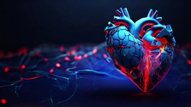 Abstract Panorama of a Glowing Human Heart Interconnected with Digital Nodes, Illustrating Cardiology on a Deep Blue Background created with generative ai