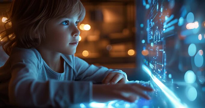 child analyzing data with high technology