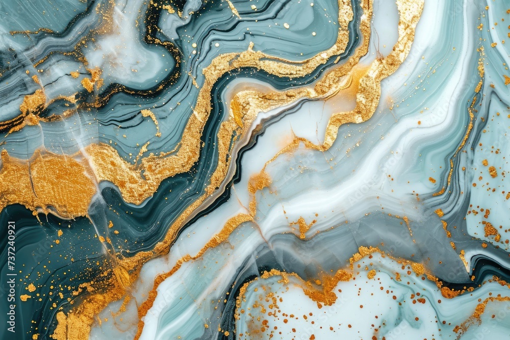 Poster an image of an abstract painting featuring dominant gold and blue colors, an abstract marble pattern