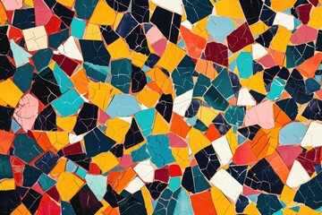 This close up photo showcases a vibrant and intricate tile wall, An abstract mosaic pattern in...