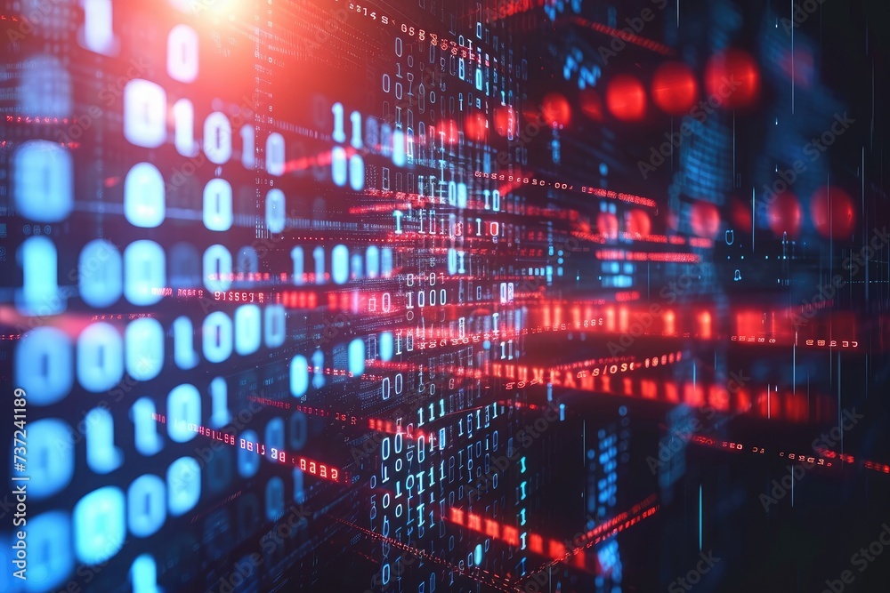 Poster a computer screen illuminated by red and blue lights, creating a vibrant and captivating display, an