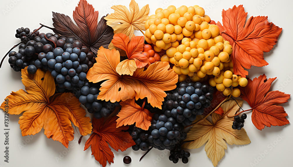 Canvas Prints Autumn leaf, grape, pumpkin, rowanberry nature vibrant dessert generated by AI