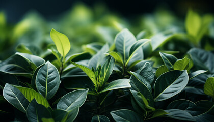 Fototapeta premium Fresh green leaves in a vibrant summer forest, close up macro generated by AI