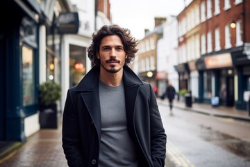 Naklejka premium Portrait of a handsome man with curly hair wearing a coat and posing in the city