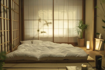 modern bedroom with king size bed in white tone on white background