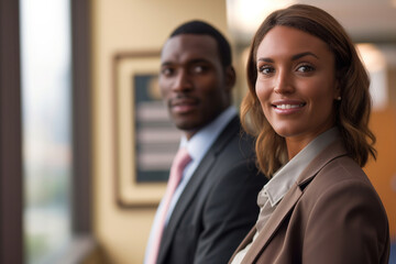 Smiling business man and woman of different races indoors
