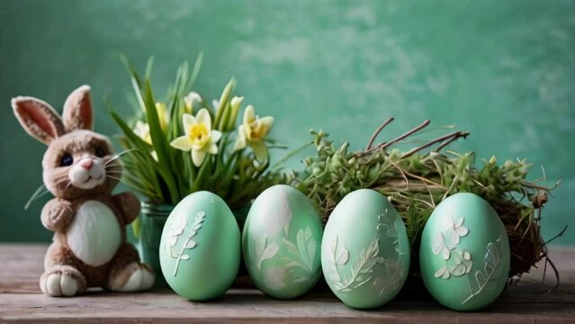 easter bunny with easter eggs, A fresh and natural Easter arrangement with green eggs, bunny silhouettes, and spring foliage on a mint green background, symbolizing renewal celebration generative ai