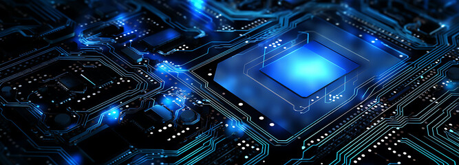 Fototapeta premium Technology blue computer circuit board, Motherboard Connecting Data in the Cyber World