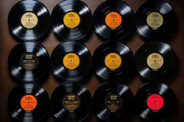 Collection of vinyl records on a black background. Generated by artificial intelligence