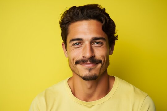 Portrait Of A Handsome Young Man Smiling And Looking At Camera Over Yellow Background