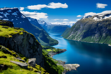 Naklejka na ściany i meble Reflections of Norway: A Scenic View of a Pristine Norwegian Fjord Amidst Cliffs and Skies