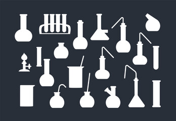 Silhouettes set Transparent glass flasks and retorts, glassware for the chemical laboratory. Test tubes for scientific research. Chemical equipment for experiments. Vector illustration in a flat doodl