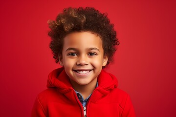 smiling african american child in red hoodie on red background