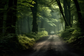 An old forest road leading through the forest with many green thickets and vegetation. International Forest Day concept.