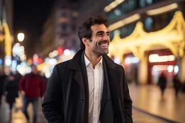 Fototapeta premium Portrait of a handsome man walking in the city at night.