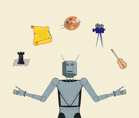 Artificial Intelligence concept: robot performing a variety of human tasks.  Mechanical man juggling with various activities icons. 

