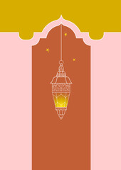 Vector Ramadan Mubarak premade card. A4 page size. Vintage banner for your Ramadan wishing. Shining Arabic lanterns. Islamic Holidays luxury pink background. Muslim feast