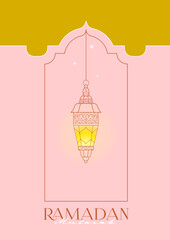 Vector Ramadan Mubarak premade card. A4 page size. Vintage banner for your Ramadan wishing. Shining Arabic lanterns. Islamic Holidays luxury pink background. Muslim feast