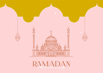 Vector Ramadan Mubarak premade card. Vintage banner for Ramadan wishing. Arabic arch, contour mosque, shining lanterns. Decor in Oriental style. Islamic background. Card for Muslim feast