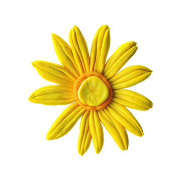 A yellow daisy flower made of clay isolated on white background.