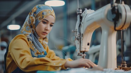 photo of asian indian seamstress with headscarf in textile factory sewing with industrial sewing machines - obrazy, fototapety, plakaty
