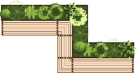 Top view of a bench for the architectural landscape plans. Bench with trees and greens. Entourage design. Vector.