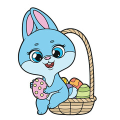 Cute bunny with big basket with Easter decorated eggs color variation on a white background. Image produced without the use of any form of AI software at any stage.