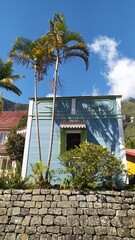 Jolie case créole façade au visage bleu et son ombrelle de palmiers