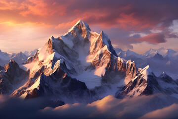 Mountains covered with snow at sunset - Ai generated