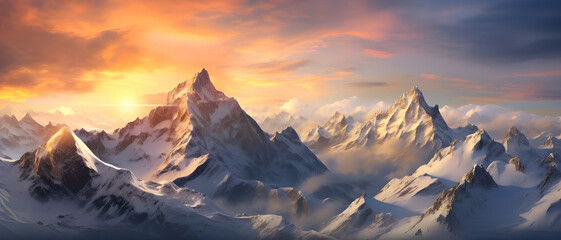 Mountains covered with snow at sunset - Ai generated