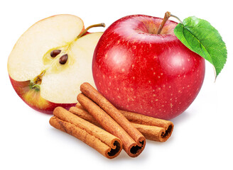 Red apple, apple slice and cinnamon sticks isolated on white background.