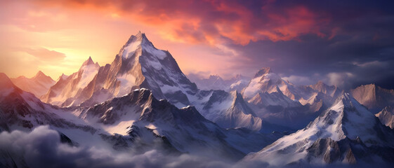 Mountains covered with snow at sunset - Ai generated - obrazy, fototapety, plakaty