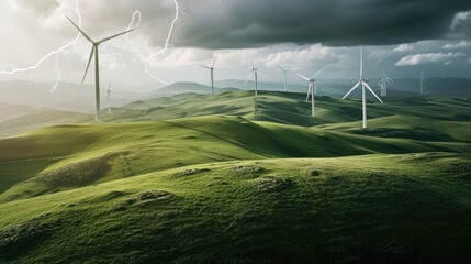 Windmill farm with turbines generating clean renewable energy during a storm with lightning
