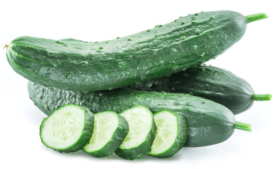 Cucumbers and cucumber slices isolated on white background.
