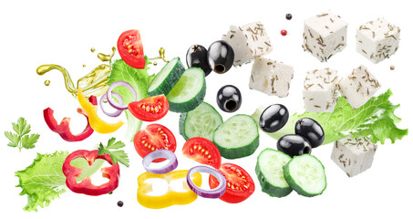 Greek salad ingredients flying in air. File contains clipping paths.